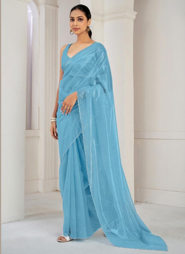 Soft Organza Sky Blue Casual Wear Hand Work Saree